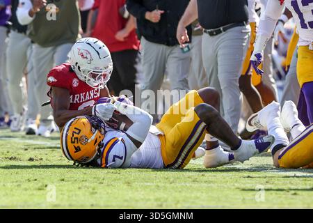 Baton Rouge, LOUISIANA, Stati Uniti. 15 novembre 2025. Il linebacker della LSU Harold Perkins (7) ebbe un intercetto durante la partita di football della NCAA tra gli Arkansas Razorbacks e i LSU Tigers al Tiger Stadium di Baton Rouge, LOUISIANA. Jonathan Mailhes/CSM/Alamy Live News Foto Stock