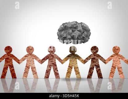 Persona depressa In Un gruppo come simbolo di una persona isolata in un gruppo che soffre di depressione come problema di salute mentale sociale con origami scuro c Foto Stock