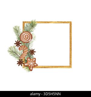 Illustrazione isolata di una cornice quadrata dorata decorata con rami di pino disegnati a mano, biscotti di pan di zenzero e anice stellato Foto Stock