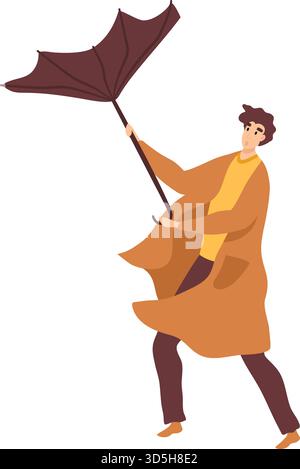 Uomo che lotta per un grande ombrello giorno ventoso. Personaggio maschile che combatte contro il vento, situazione difficile. Il vento sfida il concetto di vettore autunnale Illustrazione Vettoriale