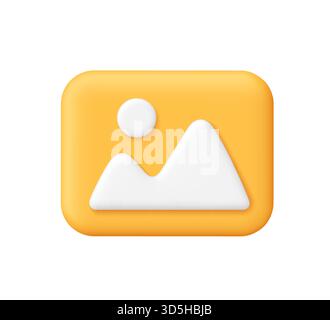 Galleria di immagini gialla con montagne bianche e un sole. Interfaccia utente, paesaggio e concetto di app mobile. icona vettoriale 3d. Stile minimalista cartoni animati. Illustrazione Vettoriale