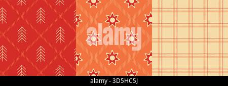 Set di motivi natalizi senza cuciture. Sfondo Plaid, Tree and Star Holiday Illustrazione Vettoriale