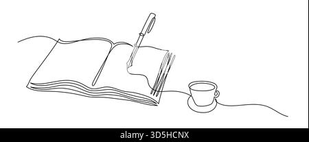 Disegno a una riga di Open Book, penna e tazza da caffè. Writing and Creativity Concept Illustrazione Vettoriale