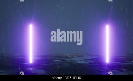 Linee LED al neon viola durante la pioggia notturna bg rendering 3d. Foto Stock