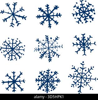 Simpatici fiocchi di neve vettoriali disegnati a mano per decorazioni invernali e natalizie e design grafico Illustrazione Vettoriale