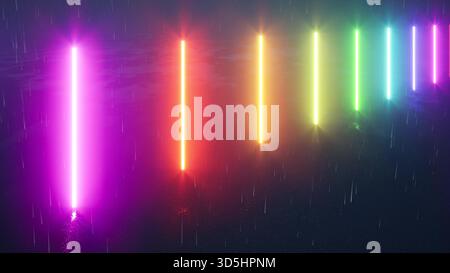 Luci LED al neon a colori arcobaleno con rendering 3d bg nero Foto Stock