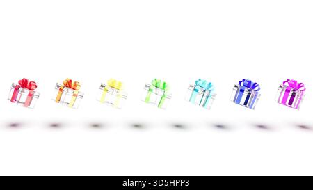 Scatole regalo in vetro colorate nastri arcobaleno su rendering 3d bg bianco Foto Stock