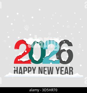 Colorato design Happy New Year 2026 con un tema invernale innevato. Perfetto per i post sui social media, i banner e i saluti di Capodanno. Illustrazione Vettoriale