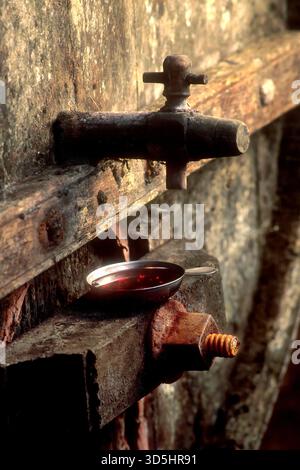 Una piccola ciotola in metallo cattura il liquido rosso scuro che gocciola da un rubinetto su un fusto di legno invecchiato. Questo si verifica probabilmente in una cantina di vino scura, utilizzata per campionare Foto Stock