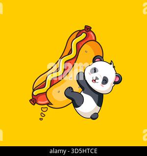 Carino Panda che abbraccia un gigante vettoriale di hot dog, disegnato con un cartone animato Illustrazione Vettoriale