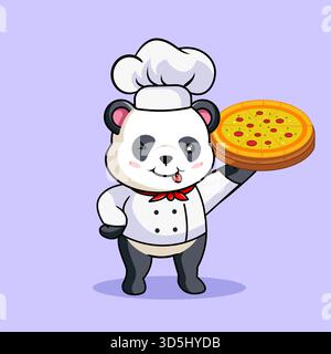 Un simpatico panda che indossa un costume da chef che serve con orgoglio un piatto di gustosa Pizza Vector illustrazione Cartoon Design Illustrazione Vettoriale