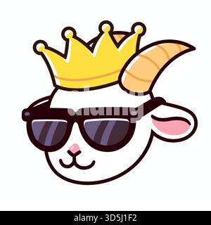 Bella capra con occhiali da sole e corona, G.O.A.T. (il più grande di tutti i tempi). Divertente illustrazione vettoriale dei cartoni animati, disegno in stile fumetto. Illustrazione Vettoriale
