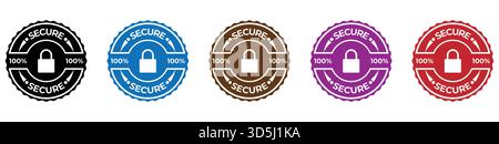 Set di timbri 100% Secure con icona a lucchetto, badge di protezione vettoriale in nero blu marrone viola e rosso Illustrazione Vettoriale