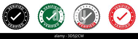 Set di timbri circolari verificati con segno di spunta, badge di controllo qualità vettoriale in nero, verde, grigio e rosso Illustrazione Vettoriale