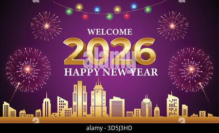 Felice anno nuovo 2026 testo dorato con fuochi d'artificio sulla silhouette dello skyline della città, sfondo vettoriale per le festività Illustrazione Vettoriale