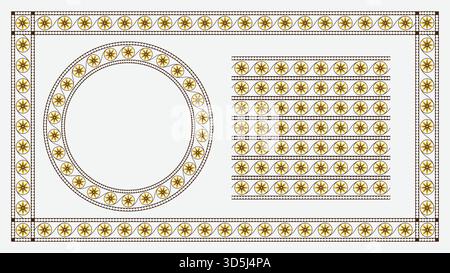 Set di cornici dorate con bordi floreali e pennelli senza cuciture, elementi di design con certificato ornamentale vettoriale Illustrazione Vettoriale