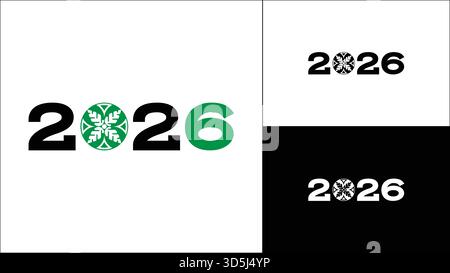 Design creativo del testo 2026 con motivo floreale verde astratto in zero, set di logo vettoriale moderno per il nuovo anno Illustrazione Vettoriale