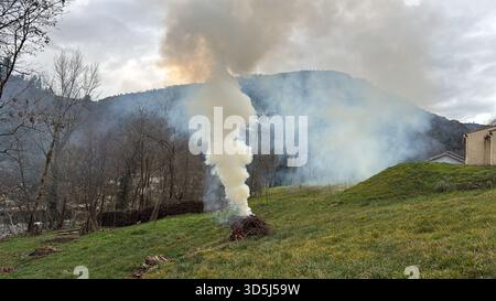 Fumo bianco che si innalza dal falò in un campo erboso con alberi e montagne sullo sfondo in una giornata nuvolosa Foto Stock