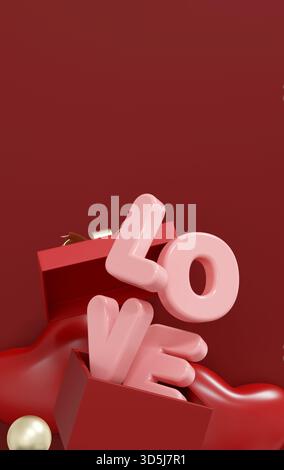 Scena rossa drammatica con tipografia "LOVE" in 3d che emerge da una confezione regalo aperta. ampio sfondo con ampio spazio per le copie, perfetto per romantiche stagioni Foto Stock