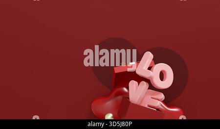 Scena rossa drammatica con tipografia "LOVE" in 3d che emerge da una confezione regalo aperta. ampio sfondo con ampio spazio per le copie, perfetto per romantiche stagioni Foto Stock
