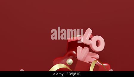Scena rossa drammatica con tipografia "LOVE" in 3d che emerge da una confezione regalo aperta. ampio sfondo con ampio spazio per le copie, perfetto per romantiche stagioni Foto Stock