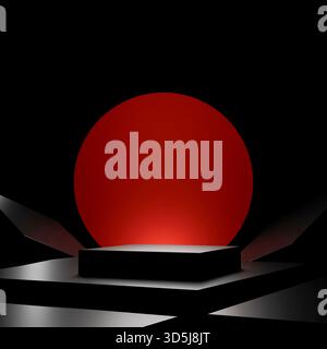 Scena monocromatica nera caratterizzata da un palcoscenico, forme geometriche e una luce circolare rossa brillante. straordinario sfondo 3d per la pubblicità di prodotti premium o Foto Stock
