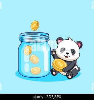 Carino Panda che risparmia denaro in denaro Jar Vector Illustration Cartoon Design Illustrazione Vettoriale