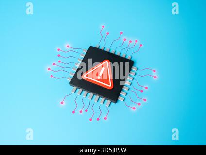 Microchip pericoloso. Microchip con un errore o un difetto critico. Vulnerabilità della sicurezza informatica. Minacce informatiche, hacking e protezione delle informazioni. Difetti del sistema digitale. Rischi di perdita di dati Foto Stock