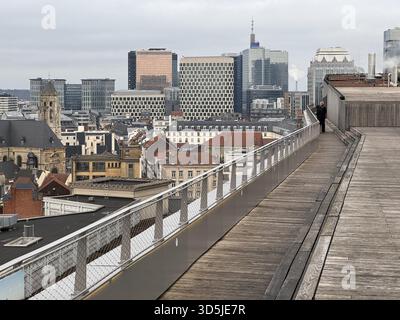 Belgio, Bruxelles, 31 dicembre 2024; moderna passerella sul tetto con un anziano che gode della vista dello skyline di bruxelles Foto Stock