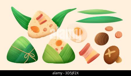 Una bella illustrazione dello zongzi e degli ingredienti del cibo. Elementi di ravioli di riso per il Dragon Boat Festival, isolati sullo sfondo beige. Illustrazione Vettoriale