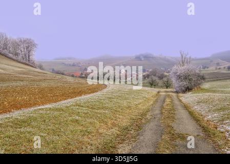 Prima gelata su una strada rettilinea attraverso un paesaggio alpino con un villaggio in lontananza vicino al Parco del Giura, Argovia, Svizzera Foto Stock