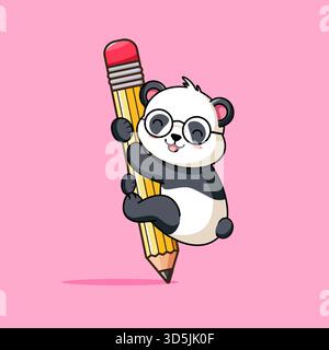 Simpatico Panda con occhiali che reggono una matita gigante illustrazione vettoriale disegno di un cartone animato Illustrazione Vettoriale
