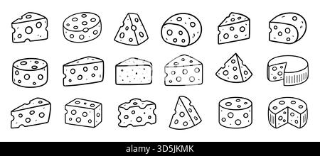 Collezione di varie fette di formaggio e scarabocchi in stile disegnato a mano, ideale per menu di ristoranti o design culinario, isolato su sfondo bianco illustrazione vettoriale Illustrazione Vettoriale