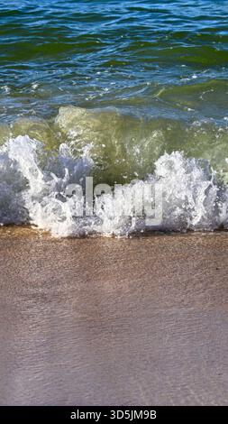 Onde oceaniche che creano schiuma bianca mentre spruzzano delicatamente su una spiaggia di sabbia marrone chiaro bagnata, catturando il movimento naturale e l'energia rinfrescante Foto Stock