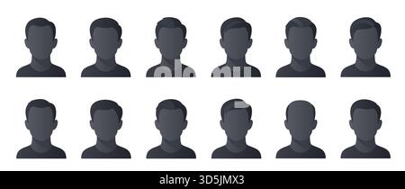 Collezione di dodici diversi stili di capelli maschili in silhouette, con vari tagli moderni e classici per gli uomini, con illustrazione vettoriale su sfondo bianco Illustrazione Vettoriale
