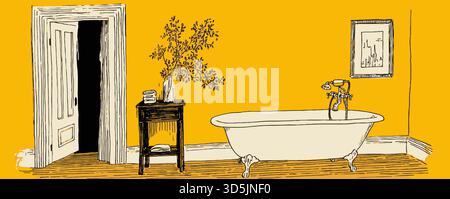 Un bagno giallo con vasca e un vaso di fiori su un tavolo. Il vaso è vuoto Illustrazione Vettoriale