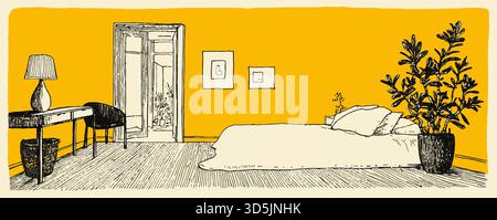 Una stanza gialla con un letto, una lampada e una pianta in vaso. La camera è vuota e ha un aspetto semplice e pulito Illustrazione Vettoriale