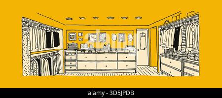Una stanza gialla con un comò bianco e un orologio sul muro. La camera è vuota e ha un'atmosfera minimalista Illustrazione Vettoriale
