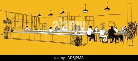 Un gruppo di persone è seduto ai tavoli in una grande sala. La camera è gialla e ha molta luce. La gente sta lavorando Illustrazione Vettoriale