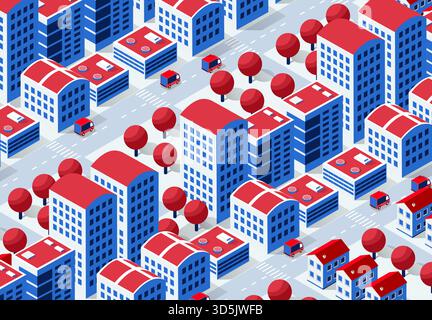 Paesaggio urbano isometrico che mostra vari edifici, strade con auto e alberi in un'illustrazione stilizzata rossa e blu Illustrazione Vettoriale