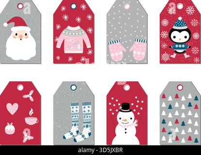 Set vettoriale di etichette regalo per Natale e Capodanno, etichette o adesivi con Babbo Natale, pupazzo di neve e simpatico pinguino Illustrazione Vettoriale