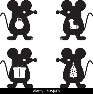 Grafica vettoriale per i topi natalizi: Grazioso set di design per animali natalizi. Illustrazione Vettoriale