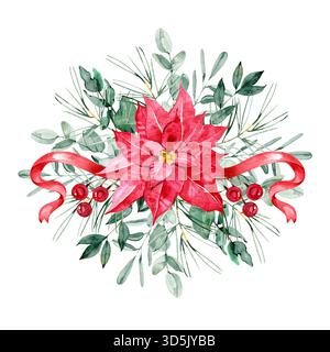 Bouquet di poinsettia acquerello con rami di pino, frutti di bosco e nastro. Classica illustrazione floreale natalizia per biglietti d'auguri, inviti, decorazioni Foto Stock