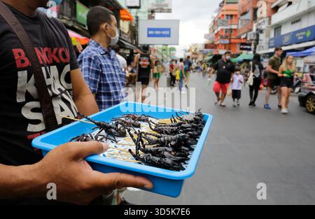 Bangkok, Thailandia - 22 luglio 2022: L'uomo vende scorpioni e ragni come cibi esotici nell'iconica via Khaosan Road. Foto Stock