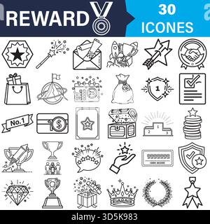 Set di icone della riga premi e traguardi. successo, vittoria, bonus, fedeltà. Vettore Illustrazione Vettoriale
