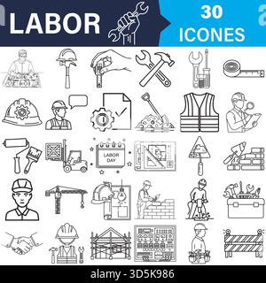 Set di icone vettoriali per la costruzione e la giornata lavorativa per i lavoratori industriali Vector Illustrazione Vettoriale