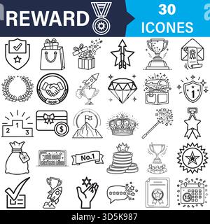 Set di icone della riga premi e traguardi. successo, vittoria, bonus, fedeltà. Vettore Illustrazione Vettoriale