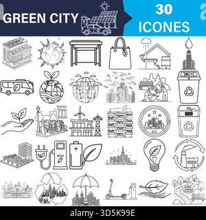 Ecologia delle città verdi e ambiente urbano sostenibile icone vettoriali Vector Illustrazione Vettoriale