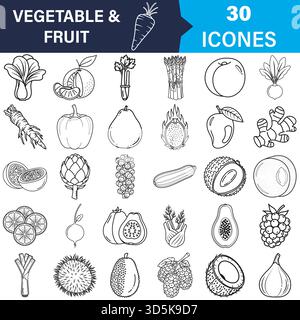Collezione di icone Vector per la produzione di frutta e verdura disegnata a mano Illustrazione Vettoriale