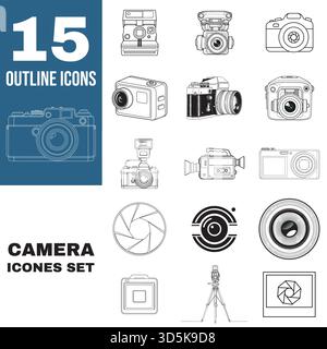 Collezione di icone delle fotocamere digitali e analogiche. Vettore Illustrazione Vettoriale
